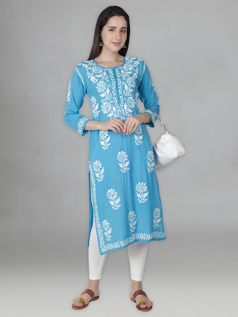 blue three quarter sleeve chikankari kurta - 20494981 -  Zoom Image - 0