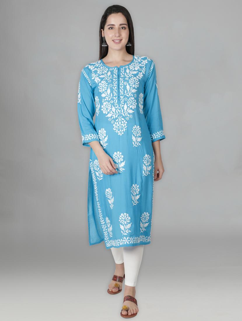 blue three quarter sleeve chikankari kurta - 20494981 -  Standard Image - 1