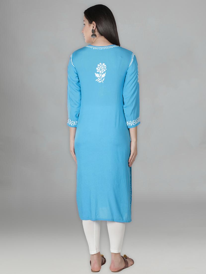 blue three quarter sleeve chikankari kurta - 20494981 - Standard Image - 4