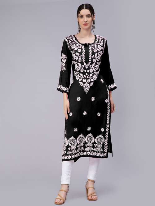 black long sleeve chikankari kurta - 20494982 - Standard Image - 0