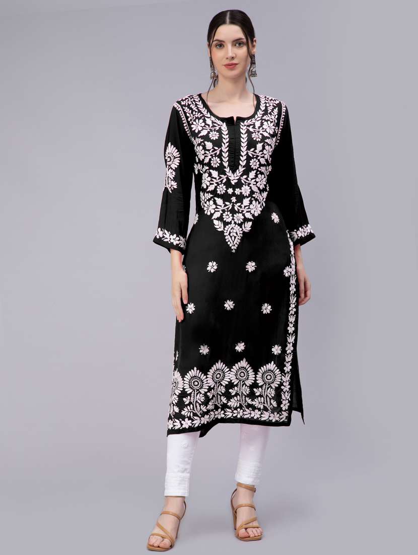black long sleeve chikankari kurta - 20494982 - Zoom Image - 0