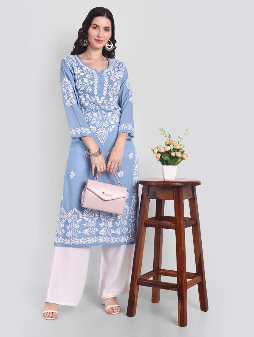 light blue long sleeve chikankari kurta - 20494984 - Standard Image - 1