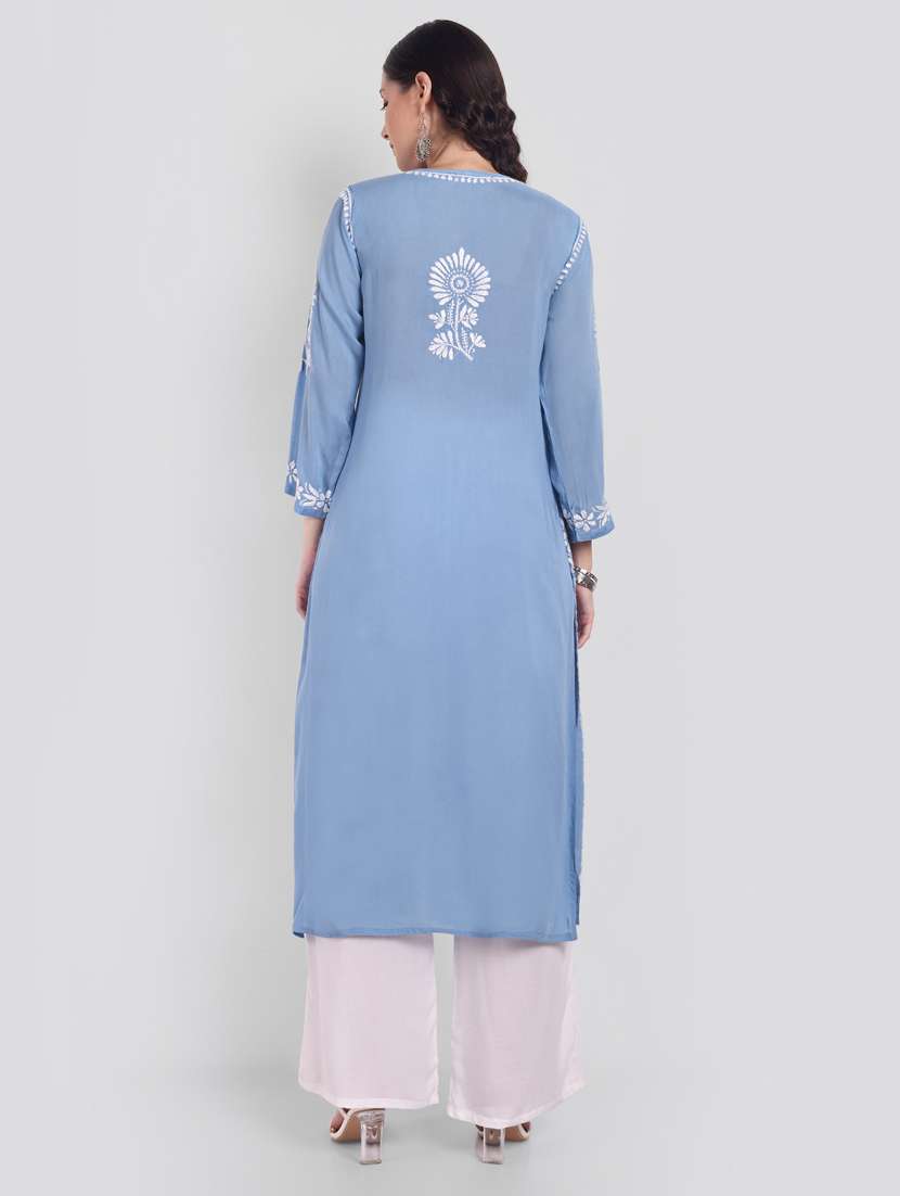 light blue long sleeve chikankari kurta - 20494984 - Standard Image - 4
