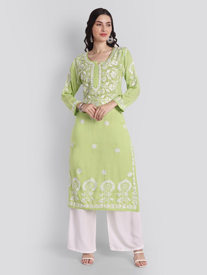 pastel green long sleeve chikankari kurta - 20494985 - Zoom Image - 0