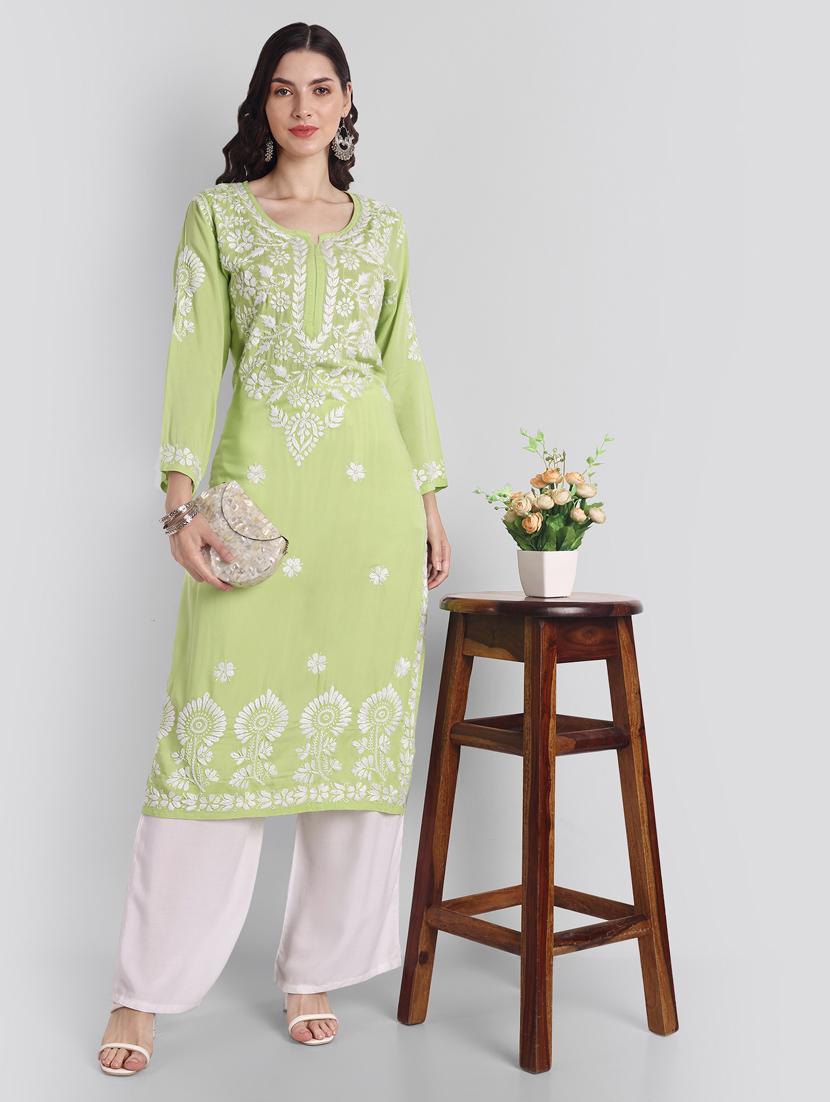 pastel green long sleeve chikankari kurta - 20494985 - Standard Image - 1