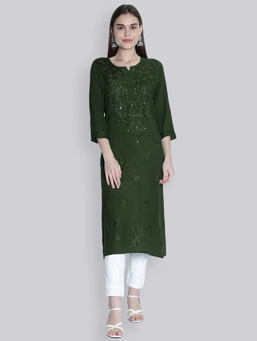 green three quarter sleeve chikankari kurta