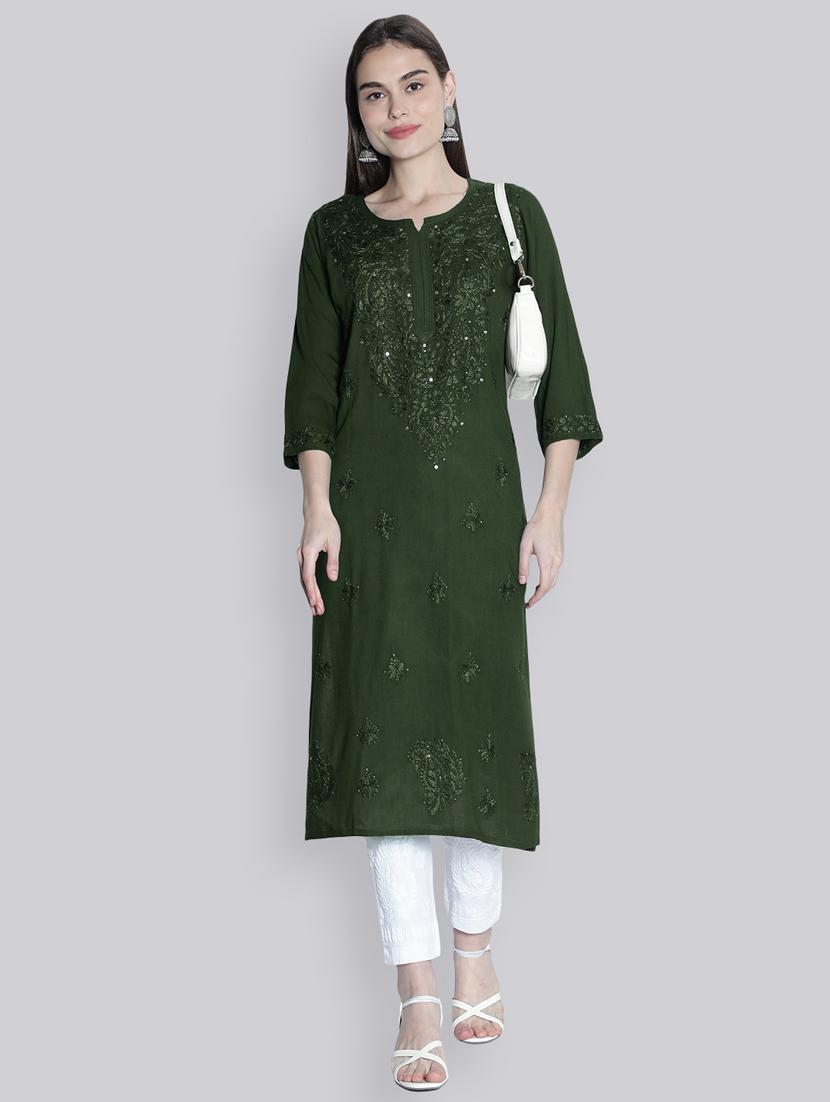 green three quarter sleeve chikankari kurta - 20494986 - Standard Image - 1