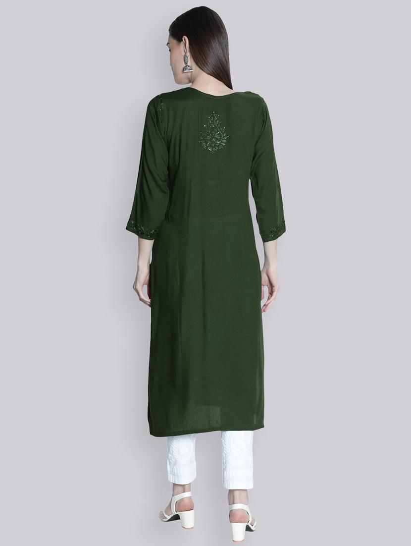 green three quarter sleeve chikankari kurta - 20494986 - Standard Image - 4
