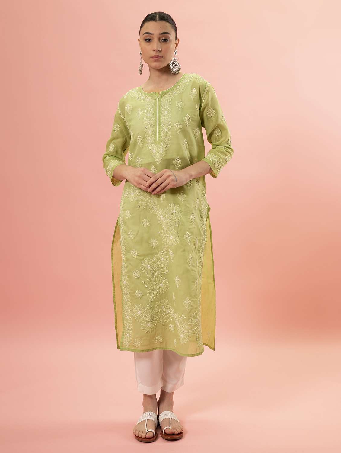neo mint three quarter sleeve chikankari kurta