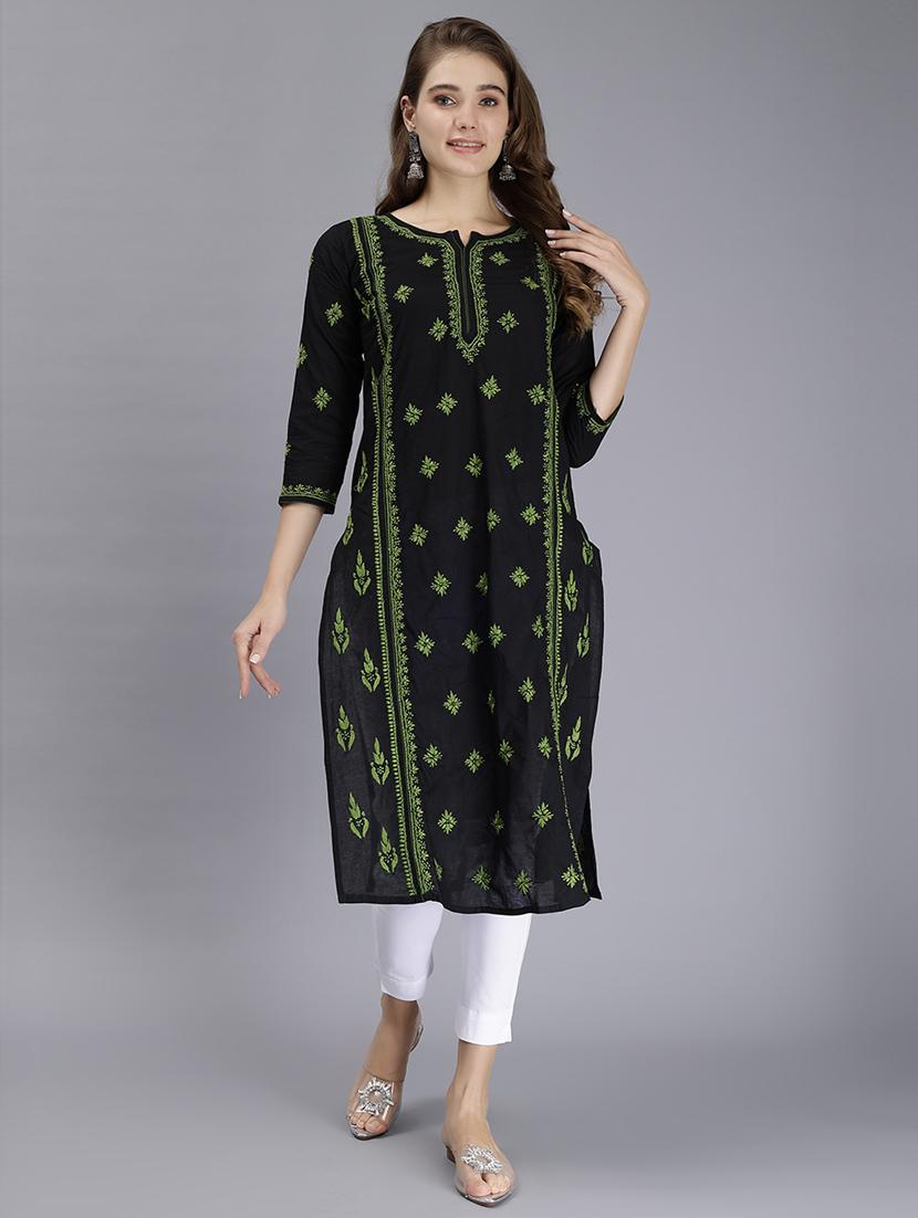 black three quarter sleeve chikankari kurta - 20494994 -  Zoom Image - 0