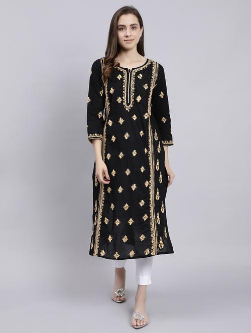 black three quarter sleeve chikankari kurta - 20494995 - Standard Image - 0