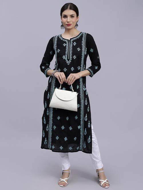 black three quarter sleeve chikankari kurta - 20494997 - Standard Image - 0