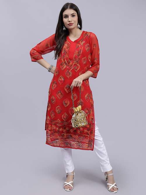 red three quarter sleeve chikankari kurta - 20495000 -  Standard Image - 0