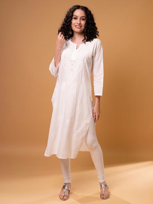 white three quarter sleeve chikankari kurta - 20495002 - Standard Image - 0