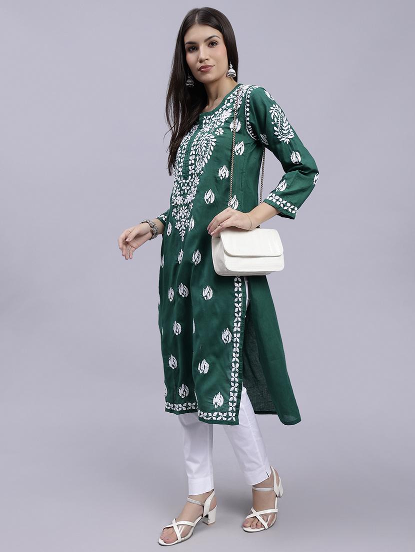 bottle green long sleeve chikankari kurta - 20495017 - Standard Image - 1
