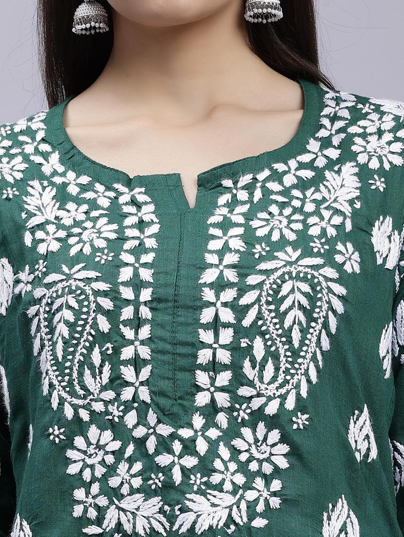 bottle green long sleeve chikankari kurta - 20495017 - Standard Image - 6