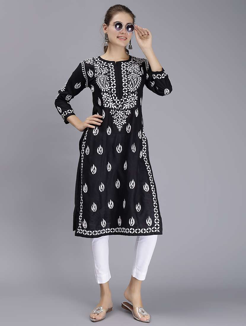 black long sleeve chikankari kurta - 20495018 - Standard Image - 1