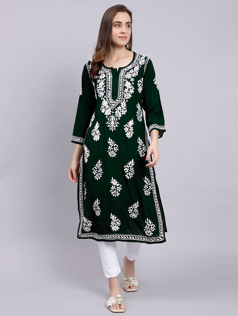 green long sleeve chikankari kurta