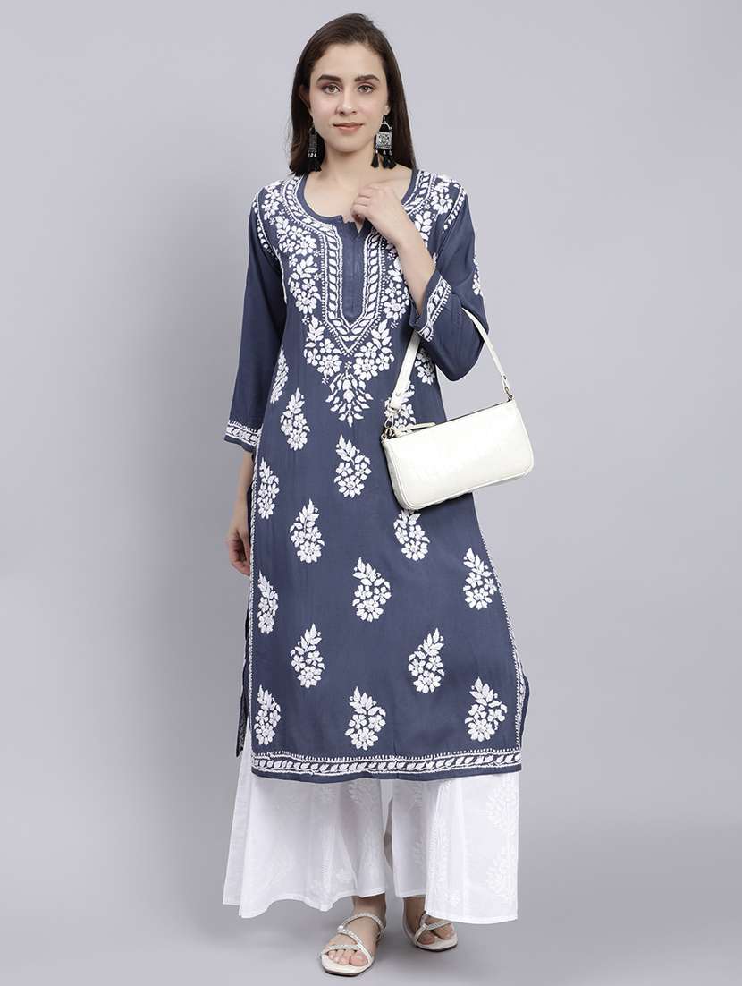 grey long sleeve chikankari kurta - 20495020 - Standard Image - 1