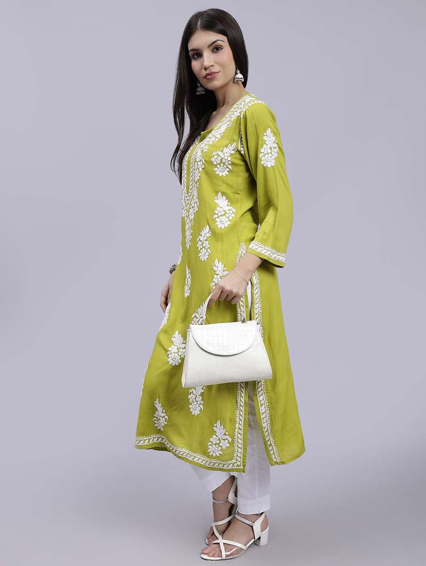 lime long sleeve chikankari kurta - 20495021 -  Standard Image - 1