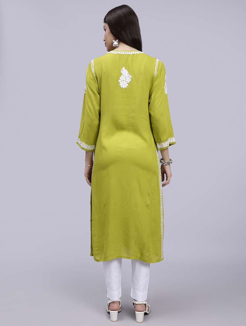 lime long sleeve chikankari kurta - 20495021 -  Standard Image - 4