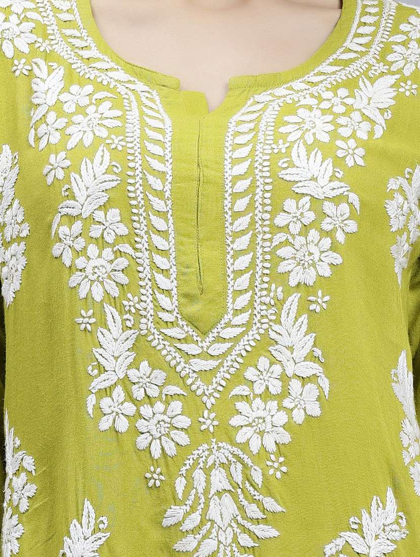 lime long sleeve chikankari kurta - 20495021 -  Standard Image - 6
