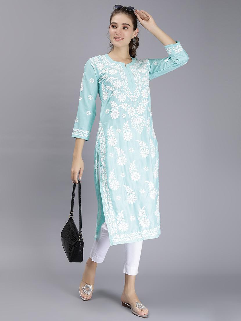 light blue three quarter sleeve chikankari kurta - 20495022 - Standard Image - 1