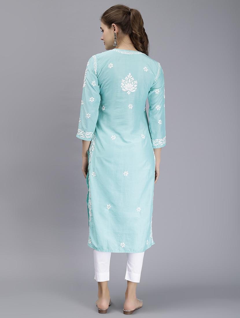 light blue three quarter sleeve chikankari kurta - 20495022 - Standard Image - 4