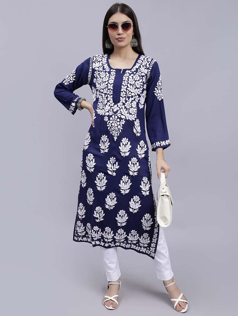 navy blue long sleeve chikankari kurta - 20495024 - Standard Image - 1