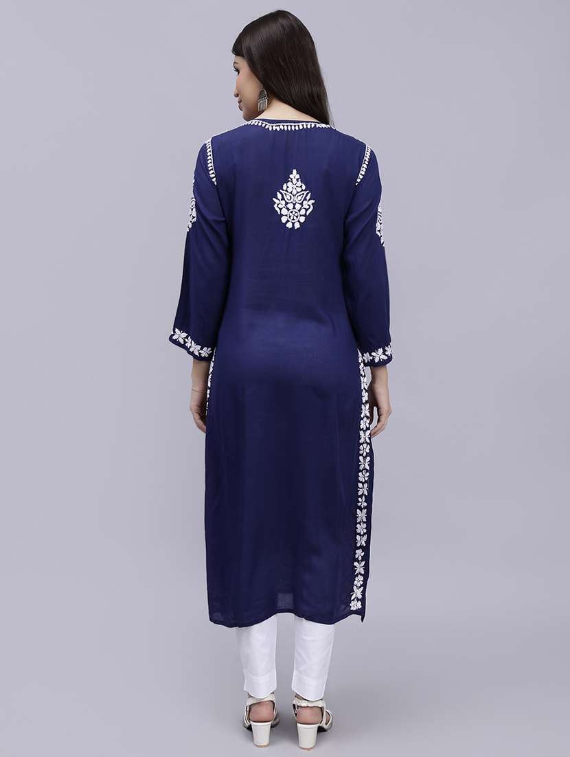 navy blue long sleeve chikankari kurta - 20495024 - Standard Image - 4