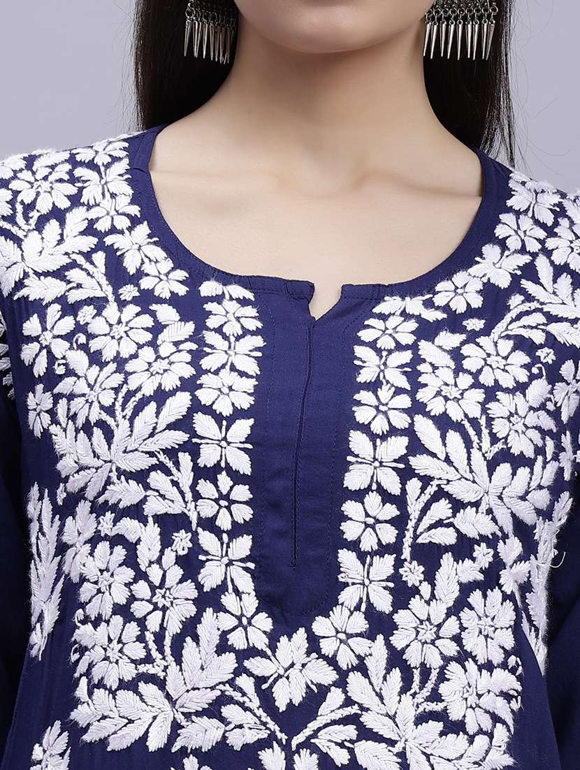 navy blue long sleeve chikankari kurta - 20495024 - Standard Image - 6