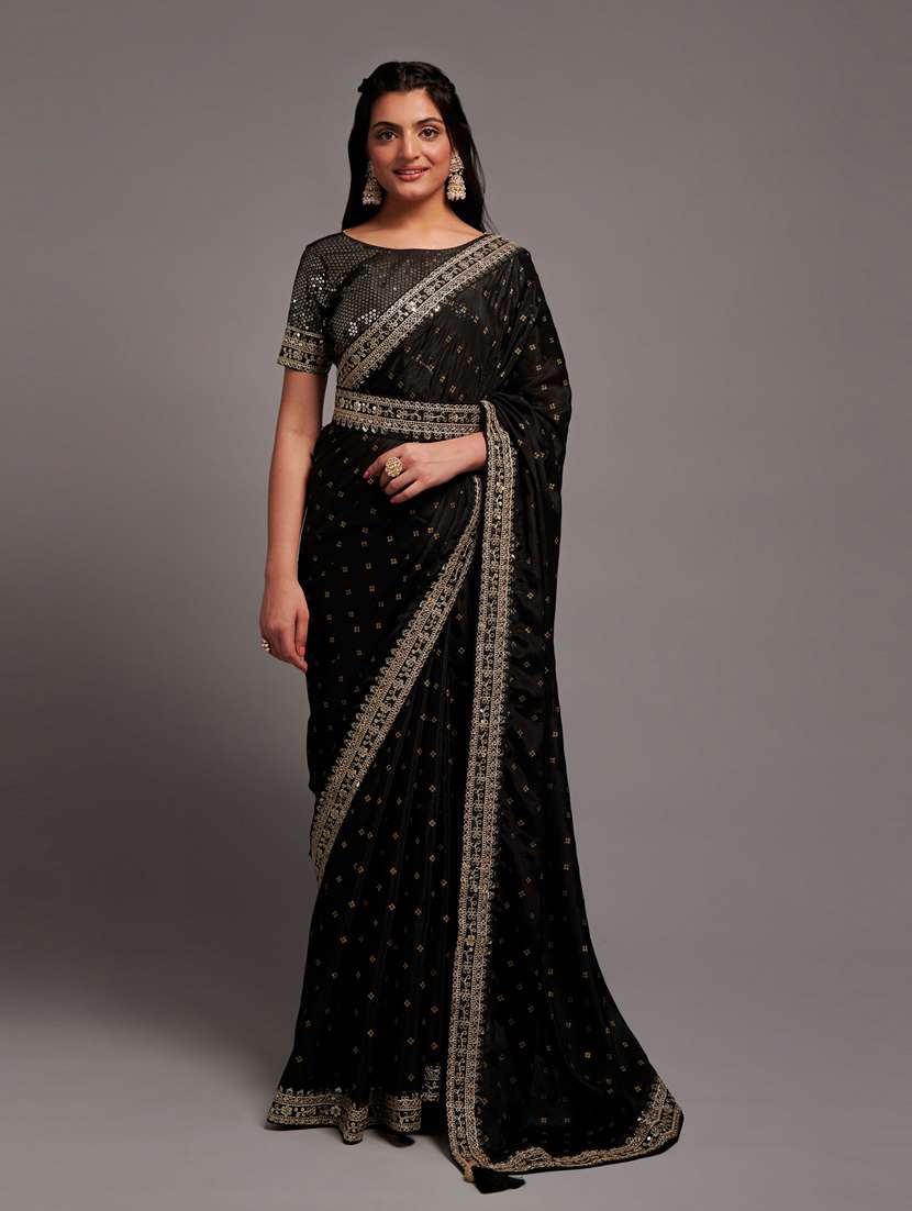 women's printed black colored saree with blouse