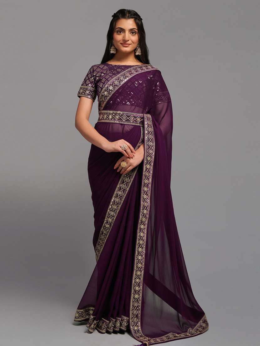 women's bordered purple colored saree with blouse