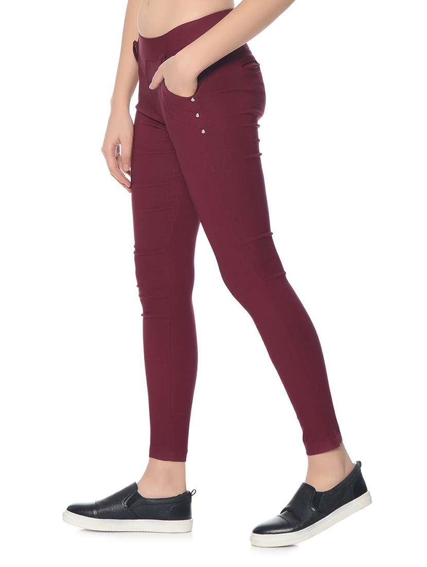 maroon solid mid rise jegging - 20496972 -  Standard Image - 1
