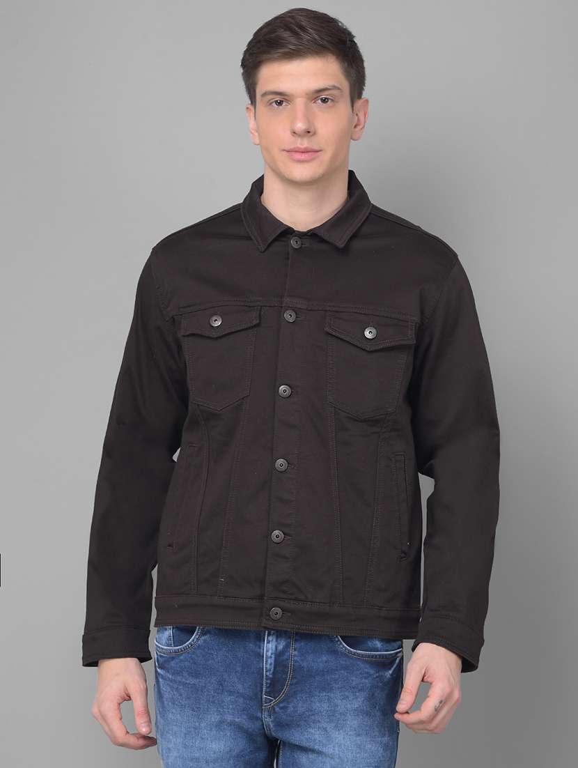 men solid black denim jacket