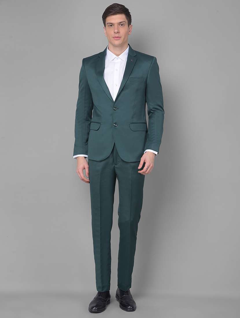 men solid teal polyester 2-piece slim fit suit