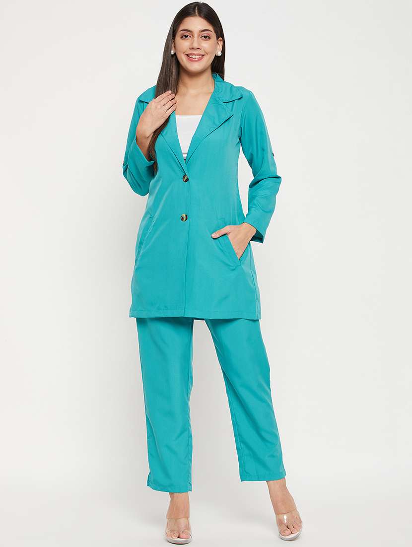 turquoise solid blazer and trousers set 