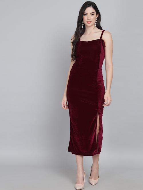 maroon solid high slit dress - 20497708 - Standard Image - 0