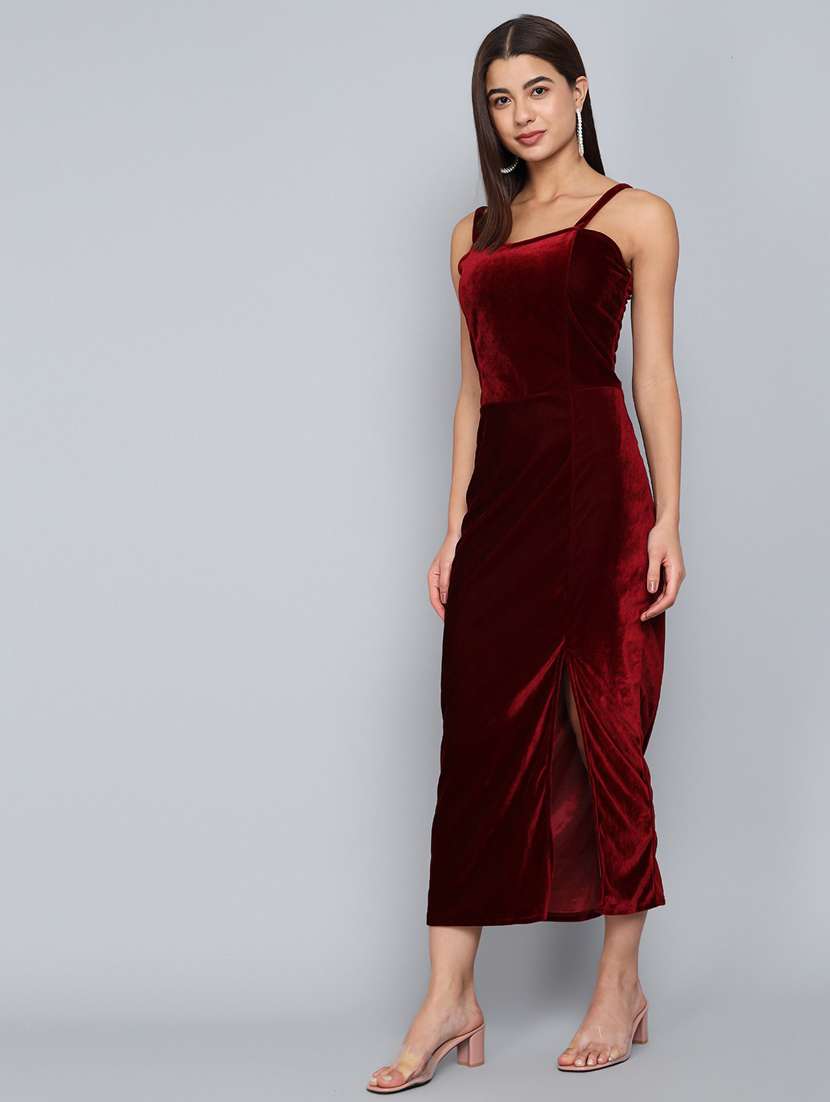 maroon solid high slit dress - 20497710 -  Zoom Image - 0