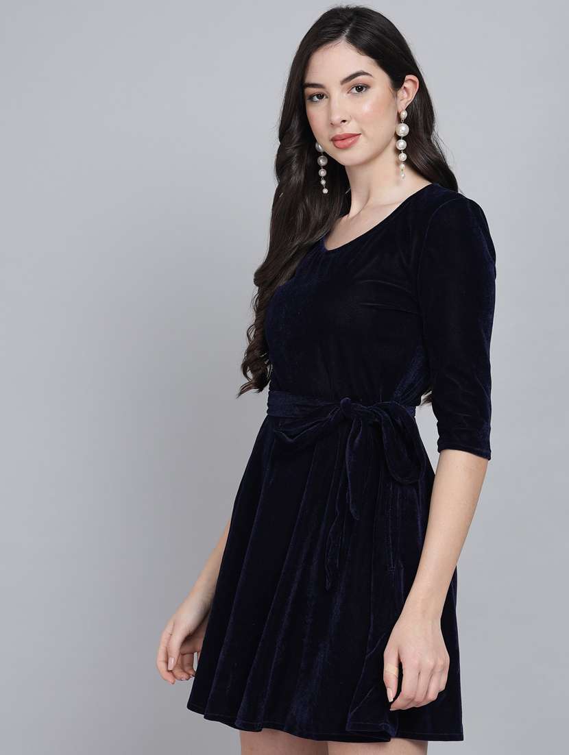navy blue solid a-line dress
