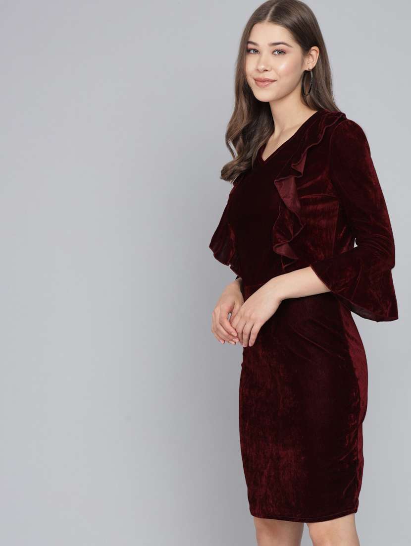 maroon solid bodycon dress