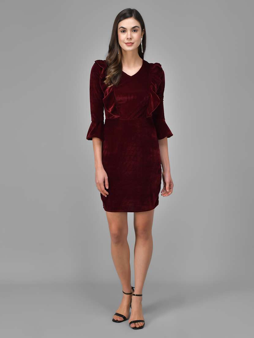 maroon solid bodycon dress