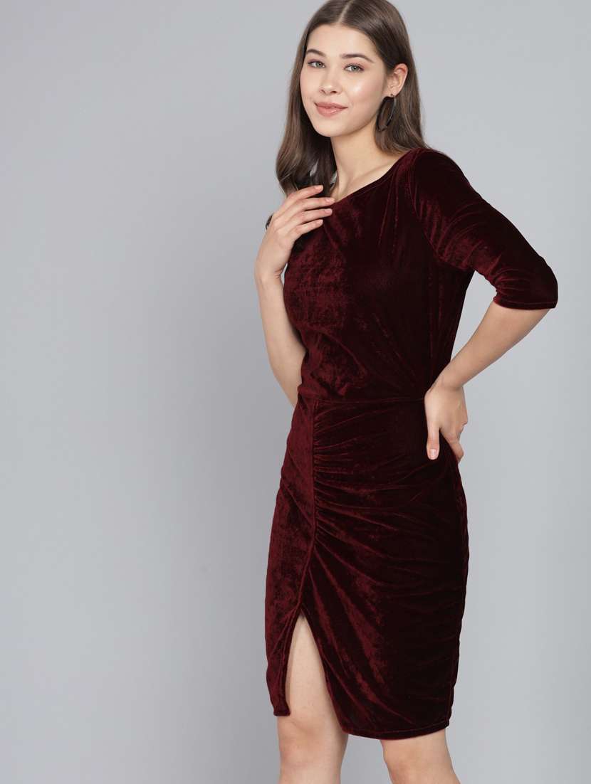maroon solid high slit dress
