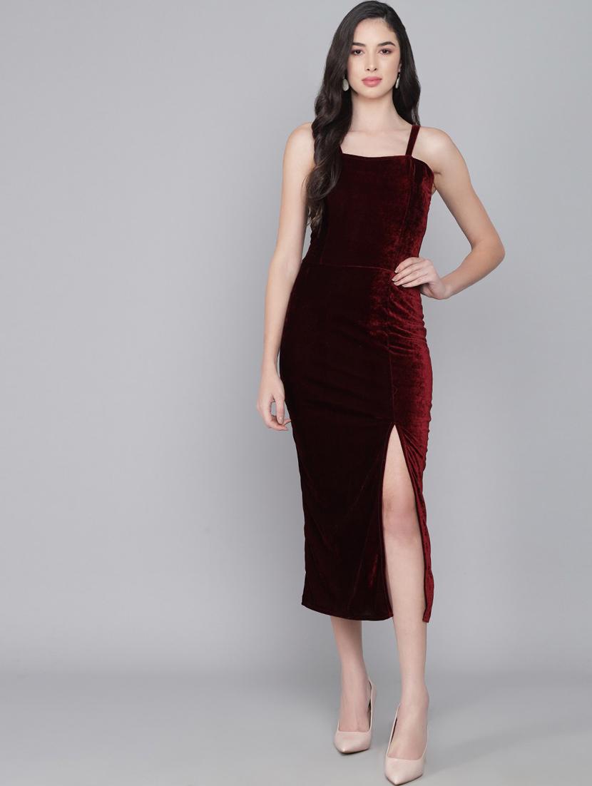 maroon solid high slit dress - 20497734 - Zoom Image - 0