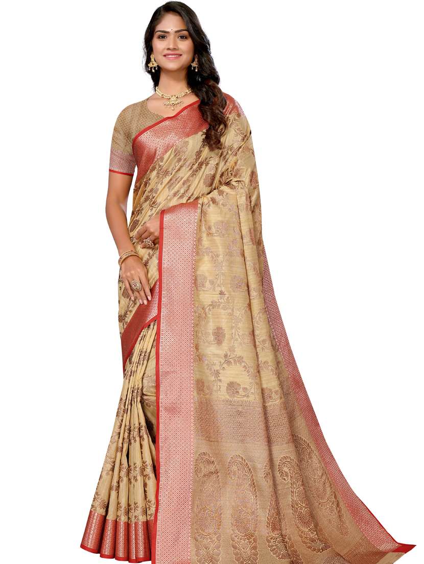 women's floral beige colored saree with blouse