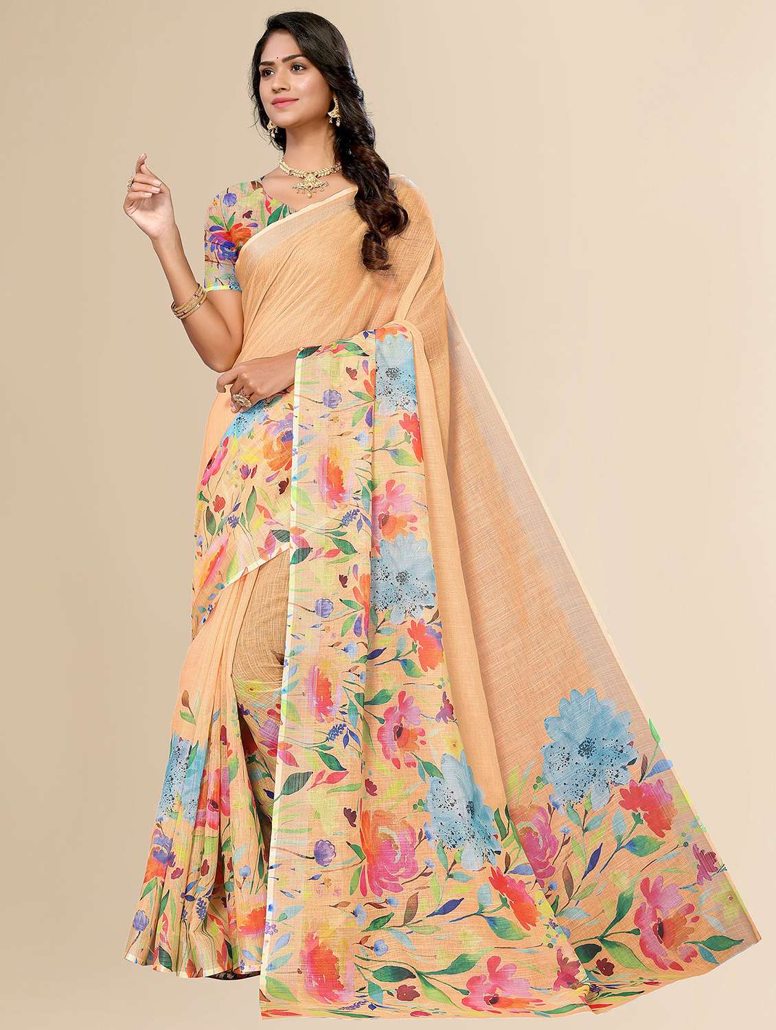 women beige floral printed saree with blouse