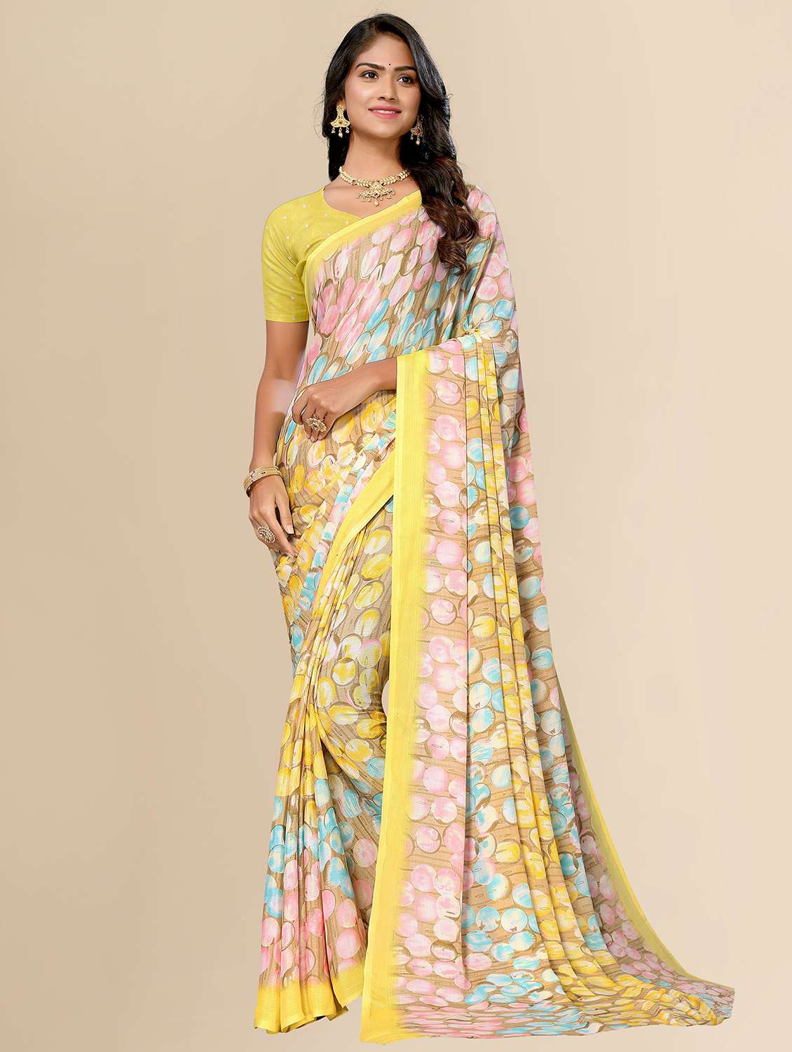 women yellow geometric printed saree with blouse