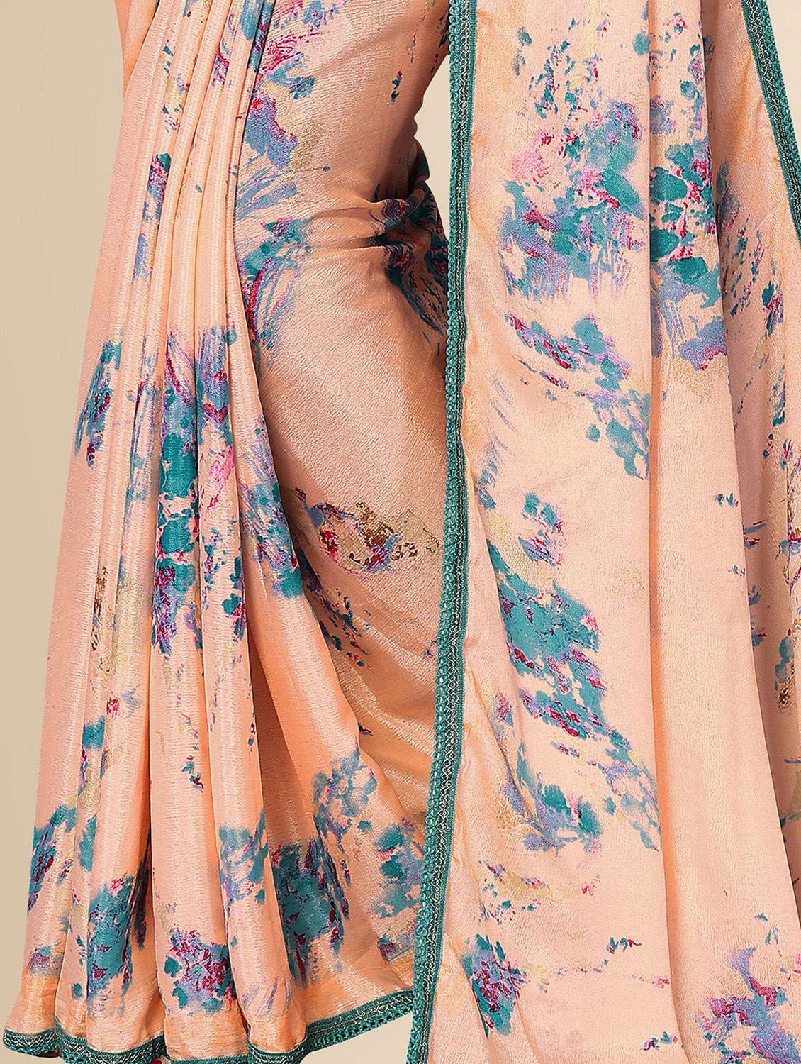 women peach printed lace work saree with blouse - 20499106 -  Standard Image - 1