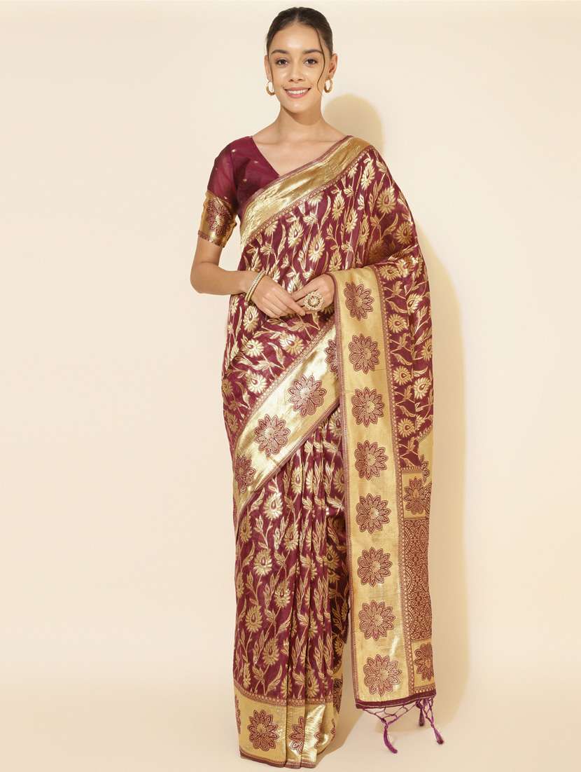 women's self design burgundy colored saree with blouse