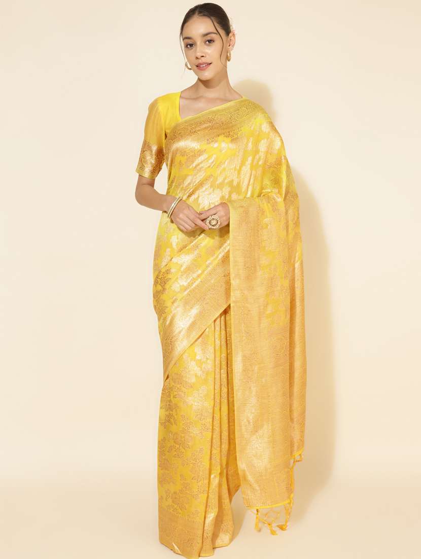 women's self design yellow colored saree with blouse